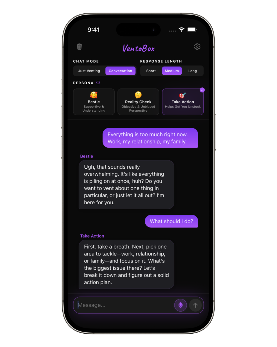 VentoBox app — chat with personas